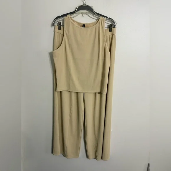 Pretty Garden Ribbed Wide leg Pant and tank set Summer Oatmeal NWT SIZE XLARGE - Picture 2 of 6